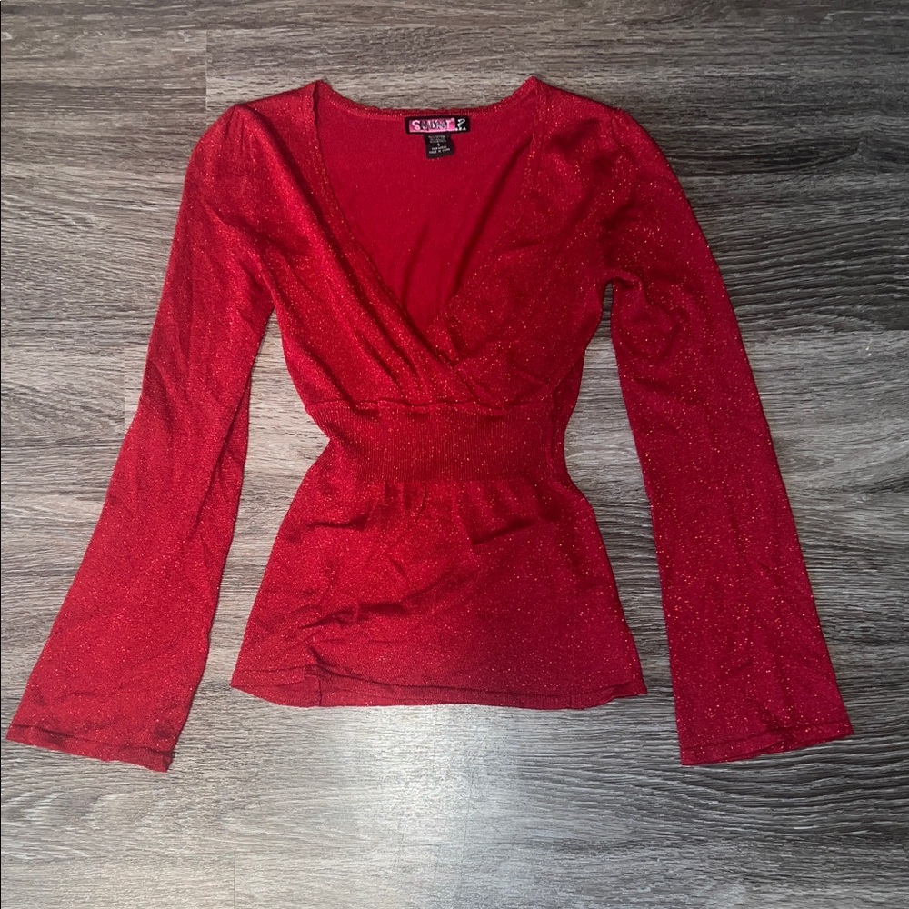 Y2K Say What? U.S.A Shimmering Red V-Neck Blouse Size Small